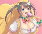  1girl :d ahoge backpack bag bangs bell blue_eyes blush bracelet breasts brown_hair candy choker cleavage close-up collarbone dress food frilled_shirt frills green_bracelet green_choker hamster holding_lollipop jewelry large_breasts lemonrou lollipop looking_to_the_side minori_(senran_kagura) open_mouth pink_background pink_ribbon red_ribbon ribbon senran_kagura shiny shiny_hair shirt short_sleeves simple_background smile solo twintails wide_sleeves yellow_backpack yellow_dress 