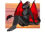  2020 abs amur anthro black_hair breasts claws digital_media_(artwork) dragon female fingers hair horn membrane_(anatomy) membranous_wings non-mammal_breasts red_eyes scalie sitting solo tail_tuft toes tuft western_dragon wings 
