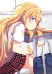  1girl bag blonde_hair commentary_request desk gabriel_dropout hair_over_one_eye headdesk highres long_hair looking_at_viewer miniskirt plaid plaid_skirt pleated_skirt purple_eyes school_bag school_desk school_uniform short_sleeves sitting skirt solo sweater sweater_vest tenma_gabriel_white ukami very_long_hair 