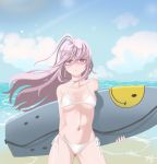  absurdres beach bikini day expressionless hair_between_eyes highres last_origin looking_at_viewer navel outdoors purple_eyes purple_hair sand shoeguy string_bikini surfboard swimsuit water white_swimsuit x-05_emily 