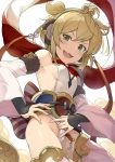  1girl :3 :d andira_(granblue_fantasy) armpits bangs bare_shoulders blonde_hair breasts cleavage_cutout commentary_request cowboy_shot detached_sleeves dutch_angle eyebrows_visible_through_hair fang from_below granblue_fantasy hand_on_hip hinami_(hinatamizu) leotard leotard_pull looking_at_viewer open_mouth revision short_hair sideboob sidelocks smile solo standing sweat thighhighs thighs white_legwear white_leotard yellow_eyes 