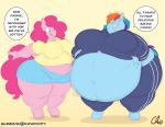  anthro anthrofied belly belly_overhang big_belly big_breasts bottomwear breasts clothing colored_sketch cutie_mark dialogue duo earth_pony english_text equid equine female friendship_is_magic hair horse hotpants hyper hyper_belly mammal morbidly_obese morbidly_obese_female motion_lines multicolored_hair my_little_pony navel nekocrispy obese obese_female overweight overweight_female pegasus pinkie_pie_(mlp) pony rainbow_dash_(mlp) rainbow_hair shorts signature simple_background smile text thick_thighs topwear tracksuit wide_hips wings 