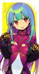  1girl :p blue_hair breasts clenched_hands cropped_jacket jacket kula_diamond long_hair looking_at_viewer medium_breasts purple_jacket red_eyes shunin solo the_king_of_fighters tongue tongue_out yellow_background zipper 
