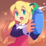  1girl :d arm_cannon blonde_hair blush_stickers empty_eyes green_eyes green_ribbon hair_ribbon long_hair long_sleeves looking_at_viewer metata open_mouth ribbon rockman rockman_(classic) roll smile solo weapon 