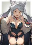  1girl animal_ears bangs bare_shoulders black_leotard blush border braid braided_bangs breasts cleavage collarbone erune fraux granblue_fantasy grey_background hinami_(hinatamizu) hooded_robe leaning_forward leotard long_hair long_sleeves looking_at_viewer medium_breasts open_clothes open_mouth open_robe robe silver_hair smile swept_bangs thighhighs thighs twintails white_border yellow_eyes 