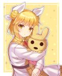  1girl adapted_costume bangs blonde_hair blunt_bangs bushi_(1622035441) double_bun doubutsu_no_mori expressionless hair_ribbon haniwa_(statue) highres hug joutouguu_mayumi long_sleeves looking_at_viewer ribbon shirt short_hair touhou upper_body white_ribbon white_shirt yayoi_(doubutsu_no_mori) yellow_background yellow_eyes 