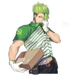  1boy abs achilles_(fate) alternate_costume bangs belt box cardboard_box delivery denim fate/apocrypha fate/grand_order fate_(series) gloves goya_(xalbino) green_hair holding jeans looking_at_viewer male_focus multicolored_hair navel pants shirt short_sleeves signature smile solo sweat toned toned_male upper_body v-neck white_background white_gloves wiping_sweat yellow_eyes 