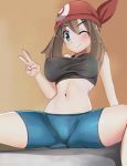  1girl armad bandana bangs bike_shorts black_shirt blue_shorts blush breasts brown_hair commentary covered_nipples eyebrows_visible_through_hair fingernails hair_between_eyes haruka_(pokemon) looking_at_viewer navel one_eye_closed poke_ball_print pokemon pokemon_(game) pokemon_rse red_bandana shiny shiny_hair shirt shorts sitting smile solo spread_legs v 