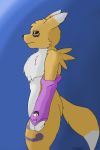  2:3 3_fingers anthro armwear black_nose black_sclera blue_eyes chest_tuft clothing darknetic digimon digimon_(species) digital_media_(artwork) fingers fluffy fur genderless_(disambiguation) head_markings hi_res mammal markings multicolored_ears multicolored_tail renamon simple_background soft_shading solo tuft white_body white_fur yellow_body yellow_fur 