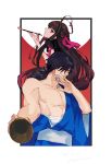  1boy 1girl abs alternate_costume alternate_hairstyle bangs black_border black_hair blue_kimono border chest cup dice fate/grand_order fate_(series) goya_(xalbino) hair_over_one_eye hair_ribbon japanese_clothes kimono koha-ace long_hair looking_at_viewer moon multicolored_hair nipples open_clothes open_kimono open_mouth oryou_(fate) pipe ponytail red_eyes revealing_clothes ribbon sakamoto_ryouma_(fate) shiny shiny_hair short_sleeves sidelocks signature smile toned toned_male two-tone_hair upper_body very_long_hair 