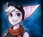  anthro blue_eyes clothed clothing ear_piercing ear_ring eyewear female fur goggles hair headgear hi_res lombax looking_at_viewer mammal piercing pink_nose ratchet_and_clank ratchetjak rift_apart_lombax scarf solo stripes video_games 