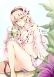  1girl artist_name atoatto bikini black_hairband breasts cleavage corrin_(fire_emblem) corrin_(fire_emblem)_(female) cup drinking drinking_glass drinking_straw fire_emblem fire_emblem_fates fire_emblem_heroes flower hair_flower hair_ornament hairband holding holding_cup long_hair red_eyes sitting solo swimsuit white_hair wine_glass wreath 