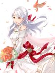  1girl bird bouquet bride dress fire_emblem fire_emblem:_radiant_dawn fire_emblem_heroes flower from_side grey_hair haru_(nakajou-28) highres holding holding_bouquet long_hair looking_to_the_side micaiah_(fire_emblem) open_mouth petals simple_background solo wedding_dress white_background white_dress yellow_eyes 