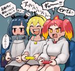  3girls :d ^_^ amano_pikamee animal aqua_hair arrow_(symbol) bangs bird black_hair black_hairband black_legwear black_shorts blonde_hair blue_shorts closed_eyes collarbone commentary_request controller couch crying fangs game_controller grey_background gyari_(bird) hair_between_eyes hairband high_collar highres hikasa_tomoshika holding hood hood_down hoodie jacket jitomi_monoe long_sleeves magnet midriff multicolored_hair multiple_girls off-shoulder_shirt off_shoulder on_couch open_mouth pantyhose playing_games puffy_long_sleeves puffy_sleeves red_eyes red_hair saji_of_kamo sharp_teeth shirt short_shorts shorts simple_background sitting smile streaming_tears sweat tears teeth translation_request two-tone_hair virtual_youtuber voms white_hoodie white_jacket white_shirt yellow_eyes zipper_pull_tab 