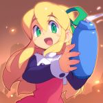  1girl :d arm_cannon blonde_hair blush_stickers green_eyes green_ribbon hair_ribbon long_hair long_sleeves looking_at_viewer metata open_mouth ribbon rockman rockman_(classic) roll smile solo weapon 