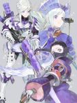 1boy 2others :t armor binoculars character_request chewing covered_mouth drawr eating food full_armor gloves hair_ornament hair_slicked_back hat holding holding_food long_hair looking_at_viewer meat monster_hunter multiple_others nishihara_isao purple_eyes purple_gloves purple_hair short_hair silver_hair weapon white_hair 