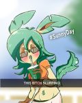  anthro anthrofied background_sky beverage bottomwear breasts clothing digital_media_(artwork) drinking eeveelution english_text eyewear female glasses hashtag jaspixie leaf leaf_hair leaf_tail leafeon looking_at_viewer nintendo plant plant_hair pok&eacute;mon pok&eacute;mon_(species) pok&eacute;morph profanity pseudo_hair shirt shoreline shorts solo sunny sunnyleafeon_(mintyspirit) tank_top text topwear video_games 