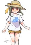  1girl akoya_(anoko_konoko) bob_cut braid brown_eyes brown_headwear casual cowboy_shot green_hair hat kantai_collection looking_at_viewer shirt short_hair short_hair_with_long_locks shorts sidelocks signature simple_background solo standing sun_hat t-shirt takanami_(kantai_collection) waves white_background white_shirt yellow_shorts 