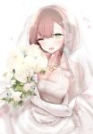  1girl ;d bangs blush bouquet breasts bridal_veil brown_hair cleavage commentary_request dress elbow_gloves eyebrows_visible_through_hair flower gloves green_eyes heart heart-shaped_pupils jewelry long_hair necklace one_eye_closed oouso open_mouth original petals ponytail simple_background smile solo symbol-shaped_pupils veil wedding_dress white_background white_gloves 