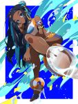  1girl aqua_hair armlet black_hair blue_eyes commentary_request crossed_legs dark_skin earrings feet gold_earrings gym_leader hair_bun high_heels highres hoop_earrings jewelry kazuhiro_(user_aprk8784) long_hair looking_at_viewer makeup multicolored_hair necklace pokemon pokemon_(game) pokemon_swsh rurina_(pokemon) soles solo swimsuit tankini toes transparent_footwear two-tone_hair water 