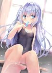  1girl bangs bare_arms bare_legs bare_shoulders barefoot black_swimsuit blue_eyes blue_hair blush breasts commentary_request covered_navel curtains day eyebrows_visible_through_hair food gochuumon_wa_usagi_desu_ka? hair_between_eyes hair_ornament highres holding holding_food indoors kafuu_chino long_hair na!?_(naxtuyasai) one-piece_swimsuit popsicle sitting small_breasts solo sunlight swimsuit very_long_hair window x_hair_ornament 