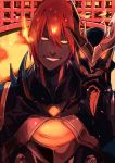  1boy absurdres ame_(syume_ruzin) ashwatthama_(fate/grand_order) bangs dark_skin dark_skinned_male embers fate/grand_order fate_(series) fire forehead_jewel gem gloves glowing glowing_eyes highres holding holding_mask long_sleeves looking_at_viewer male_focus mask mask_removed muscle red_hair smile solo teeth toned toned_male upper_body yellow_eyes 