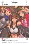  3girls abs aerith_gainsborough armor blue_earrings boobplate breastplate breasts brown_eyes brown_hair cleavage commentary cropped_legs detached_sleeves edwin_huang final_fantasy final_fantasy_vii final_fantasy_vii_remake green_eyes group_picture headband instagram instagram_username jacket jessie_rasberry large_breasts light_brown_hair multiple_girls outstretched_arms pink_lips red_headband red_jacket self_shot suspenders tifa_lockhart 