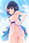  1girl ass back bangs bare_shoulders black_hair blue_eyes blue_ribbon blue_sky blush breasts closed_mouth dress fate/grand_order fate/requiem fate_(series) fundoshi highres japanese_clothes jewelry looking_at_viewer looking_back magatama magatama_hair_ornament medium_breasts medium_hair multicolored_hair necklace pelvic_curtain pink_hair ribbon short_dress sideboob sideless_outfit sky streaked_hair thighs tomo_(user_hes4085) utsumi_erise wet white_dress 