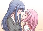  2girls artist_name blue_eyes blue_hair blush closed_eyes gradient gradient_background grey_shirt imminent_kiss long_hair looking_at_another magia_record:_mahou_shoujo_madoka_magica_gaiden mahou_shoujo_madoka_magica multiple_girls nanami_yachiyo pink_hair polka_dot polka_dot_shirt red_sailor_collar sailor_collar school_uniform shirt short_hair studiozombie tamaki_iroha yellow_background yuri 