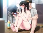 1boy 1girl :d akchu ass bangs bare_shoulders barefoot black_hair black_nails blush bottle breasts cleavage controller couch electric_fan feet food game_controller groping hair_between_eyes highres large_breasts long_hair open_mouth original ponytail popsicle red_eyes shorts sitting smile soles sweat tank_top television toenail_polish toenails toes 