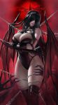  1girl absurdres black_hair blindfold bound bound_arms breasts chain commentary_request crossed_arms demon demon_girl demon_wings elbow_gloves fingernails gloves halo highres large_breasts long_hair original pmy00 restrained sharp_fingernails skindentation thighhighs torn_wings wings 