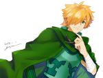  1boy adjusting_clothes armor bandaged_arm bandages bangs cape cloak fate/extra fate/grand_order fate_(series) goya_(xalbino) green_eyes hair_over_one_eye looking_at_viewer male_focus orange_hair robin_hood_(fate) shiny shiny_hair signature smile solo upper_body white_background 
