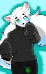  anonymous_artist anthro arctic_fox blue_body blue_eyes blue_fur canid canine clothing fox fur head_tilt hi_res jacket long_tail male mammal multicolored_body smile topwear white_body white_fur 