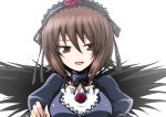  1girl absurdres bangs brown_eyes brown_hair cosplay dress girls_und_panzer gothic_lolita hairband highres kamishima_kanon lolita_fashion nishizumi_maho rozen_maiden short_hair solo suigintou suigintou_(cosplay) wings 