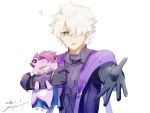  1boy ? ahoge armor bangs cosplay eyebrows_visible_through_hair fate/grand_order fate_(series) galahad_(fate) gloves goya_(xalbino) hair_over_one_eye lancelot_(fate/grand_order) lancelot_(fate/grand_order)_(cosplay) looking_at_viewer male_focus open_hand purple_armor purple_eyes purple_hair signature solo strangling stuffed_toy upper_body white_background white_hair yellow_eyes 
