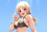  1girl bikini black_bikini blonde_hair blue_eyes eyebrows_visible_through_hair hachimiya_meguru hairband hiiragi_hajime idolmaster idolmaster_shiny_colors long_hair looking_at_viewer low_twintails open_mouth swimsuit twintails upper_body waving 