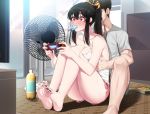  1boy 1girl :d akchu ass bangs bare_shoulders barefoot black_hair black_nails blush bottle breasts cleavage controller couch electric_fan feet food game_controller groping hair_between_eyes highres large_breasts long_hair open_mouth original ponytail popsicle red_eyes shorts sitting smile soles surprised sweat tank_top television toenail_polish toenails toes 
