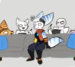  anthro blush clevzx eyewear female fur goggles goggles_on_head group lombax male mammal neckerchief prosthetic prosthetic_arm prosthetic_limb ratchet ratchet_and_clank rift_apart_lombax simple_background stripes video_games 