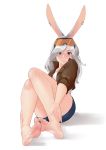  1girl animal_ears barefoot blue_eyes blue_shorts blush brown_jacket bunny_ears closed_mouth commentary commission ear_piercing english_commentary eyes_visible_through_hair eyewear_on_head feet fingernails full_body grey_hair hair_over_one_eye hands_on_own_legs highres jacket looking_at_viewer original piercing pigeon-toed shirt shorts simple_background sitting soles solo squeezable_(artist) toes white_background white_shirt 