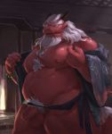  anthro asian_clothing asian_mythology balls barazoku beads beard biped bodily_fluids body_hair braided_hair bulge chest_hair clothing dragon east_asian_clothing east_asian_mythology eastern_dragon facial_hair fundoshi genital_fluids genitals hair hi_res horn humanoid_genitalia humanoid_penis japanese_clothing kemono lindong looking_at_viewer male mature_male moziqiao musclegut mythology navel nipples old overweight pecs penis precum red_body scalie solo uncut underwear white_hair 