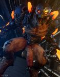  2020 3d_(artwork) balls big_penis bodily_fluids demon digital_media_(artwork) doom_(series) dread_knight genital_fluids genitals glans glowing glowing_eyes half-erect hell_knight hi_res humanoid humanoid_genitalia humanoid_penis id_software killystein looking_at_viewer male mammal mostly_nude muscular muscular_male not_furry open_mouth penis precum sharp_teeth solo standing teeth vein veiny_penis video_games yellow_eyes 