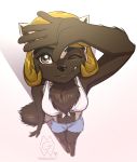  2015 anthro bare_legs bikini bikini_top black_nose blonde_hair bottomwear breasts brown_body brown_eyes brown_fur chest_tuft clothed clothing cutoffs denim denim_clothing eyebrows female fluffy fluffy_tail fur hair hi_res high-angle_view light mammal mel_(mykegreywolf) midriff mustelid musteline mykegreywolf navel one_eye_closed shorts simple_background smile solo sunlight sunny swimwear thick_eyebrows tuft wolverine 