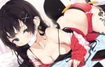  agnamore ass black_eyes black_hair breasts cleavage long_hair mask no_bra original panties phone shorts tattoo underwear waifu2x 