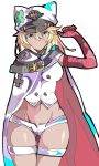  1girl ass_visible_through_thighs bandaged_arm bandages bangs belt belt_buckle black_belt blonde_hair breasts buckle buttons cape clover cowboy_shot dark_skin enpe four-leaf_clover groin guilty_gear guilty_gear_strive hair_between_eyes hat hat_with_ears highres long_hair looking_at_viewer medium_breasts micro_shorts navel open_fly ramlethal_valentine shorts simple_background solo thigh_gap thigh_strap thighs white_background white_cape white_headwear white_shorts yellow_eyes 