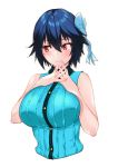  1girl bangs bare_arms bare_shoulders black_collar blue_bow blue_hair blue_shirt blush bow breasts buttons closed_mouth collar collared_shirt confused eyebrows_visible_through_hair hair_bow hands_on_own_chest hands_together highres interlocked_fingers large_breasts looking_to_the_side mole mole_under_eye murio nisekoi red_eyes ribbed_shirt shirt short_hair simple_background sleeveless sleeveless_shirt tsugumi_seishirou upper_body white_background 