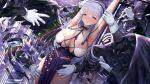  1girl armpits arms_up artist_name azur_lane black_wings blush breasts cleavage criss-cross_halter dido_(anxious_bisque_doll)_(azur_lane) dido_(azur_lane) disembodied_limb dress eyebrows_visible_through_hair feathered_wings feathers hairband halter_dress halterneck hands_on_another&#039;s_thigh kitsune-neko large_breasts large_wings long_dress long_hair looking_at_viewer multiple_hands pink_eyes purple_dress purple_hair purple_hairband purple_headband skindentation wings 