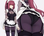  apron ass blush bow breasts cleavage close cropped evan_yang fate/grand_order fate_(series) garter_belt headdress long_hair maid panties pantyhose ponytail purple_hair red_eyes scathach_(fate/grand_order) see_through stockings underwear upskirt 