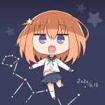  1girl :d absurdres bangs blue_sailor_collar blue_skirt bow brown_footwear brown_hair chibi commentary_request constellation dated eyebrows_visible_through_hair full_body green_bow grey_background hair_between_eyes hair_ornament hana_kazari highres kneehighs koisuru_asteroid konohata_mira loafers long_sleeves navel open_mouth pleated_skirt purple_eyes sailor_collar shirt shoes skirt smile solo standing standing_on_one_leg star_(symbol) star_hair_ornament white_legwear white_shirt 