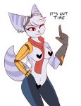  absurd_res anthro breasts clothed clothing ear_piercing eyewear female fur goggles goggles_on_head hi_res lombax mammal piercing prosthetic prosthetic_arm prosthetic_limb ratchet_and_clank rift_apart_lombax simple_background smile solo stripes theorat video_games 