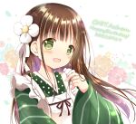  1girl :d ama_usa_an_uniform apron brown_hair character_name commentary_request dated floral_background flower frilled_apron frills gochuumon_wa_usagi_desu_ka? green_eyes green_kimono hair_flower hair_ornament hand_up happy_birthday japanese_clothes kimono long_hair long_sleeves looking_at_viewer maid_apron nanase_miori polka_dot sleeves_past_wrists smile solo striped striped_kimono ujimatsu_chiya uniform upper_body vertical-striped_kimono vertical_stripes waitress white_apron white_flower wide_sleeves 